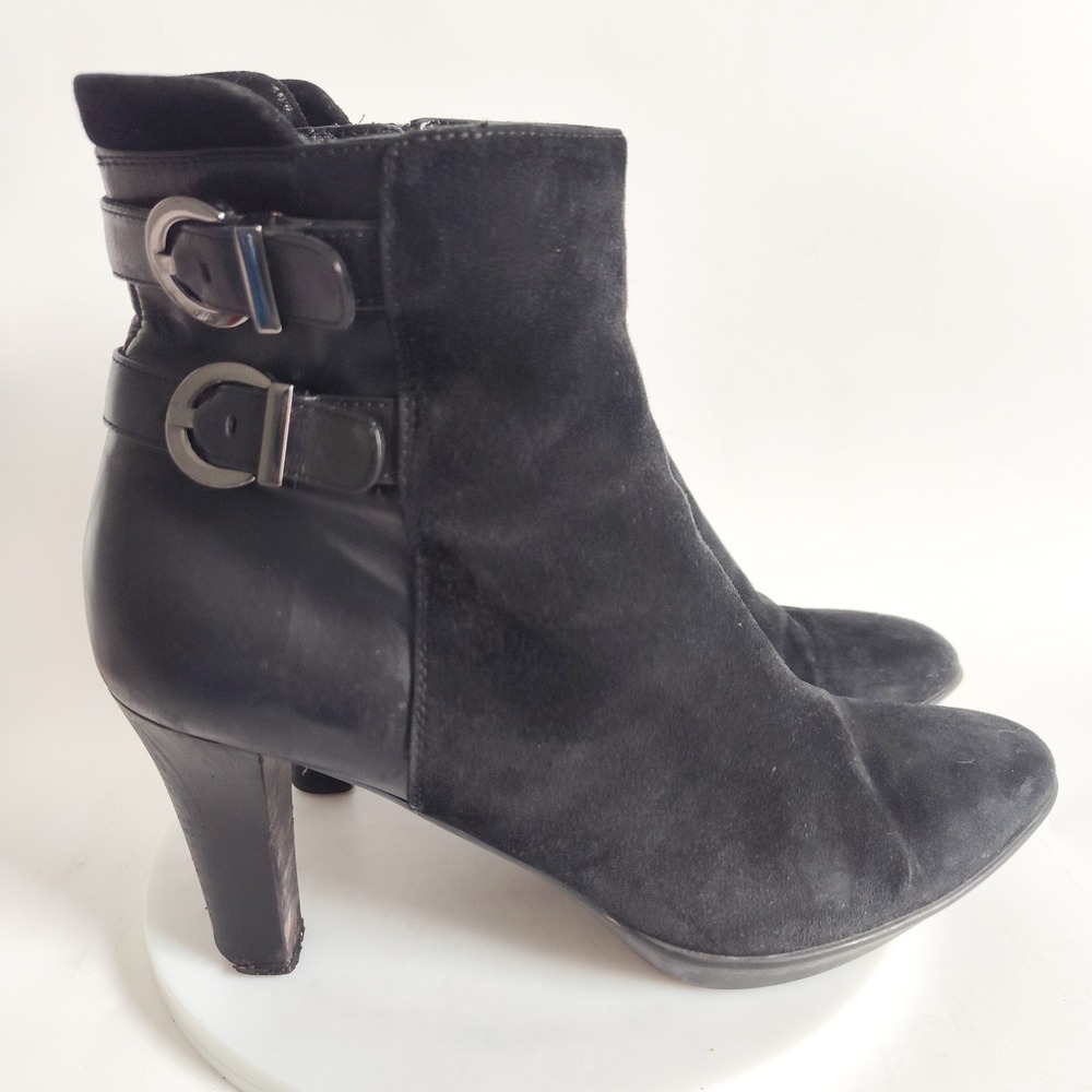 Aquatalia Ankle‎ Boots Size 8 Suede Leather Black Buckle Moto Pointed Toe Heeled